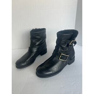 Jimmy Choo Black Soft Leather Fur Lined Low Heel Ankle Biker Moto Boots Sz 8